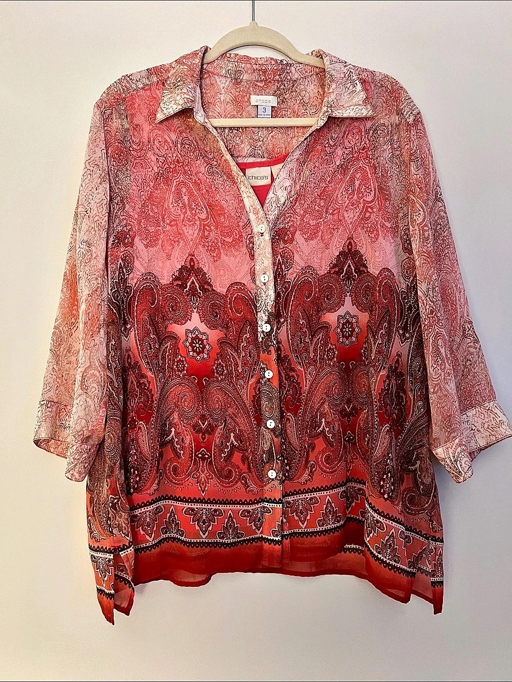 Chico's Paisley Blouse Coral & Creamy White Size 3 Like New